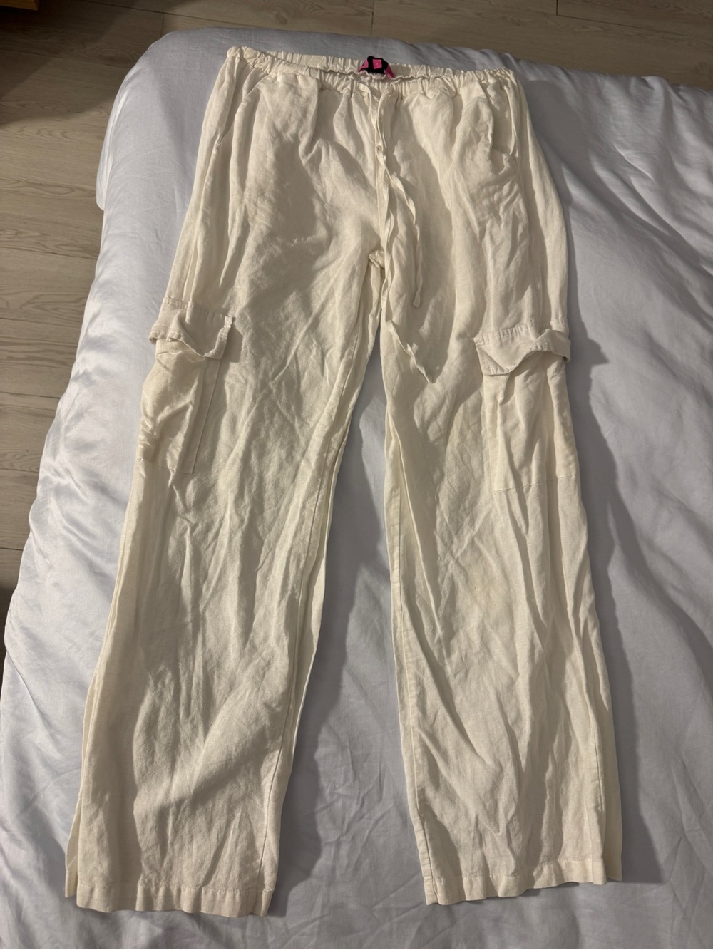 Edikted Women’s Cream White Linen Cargo Pants with Drawstring Waist